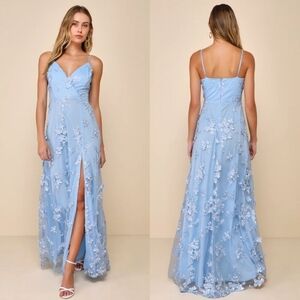 Lulus Rare Presence Powder Blue 3D Floral Surplice Maxi Dress M Wedding Party